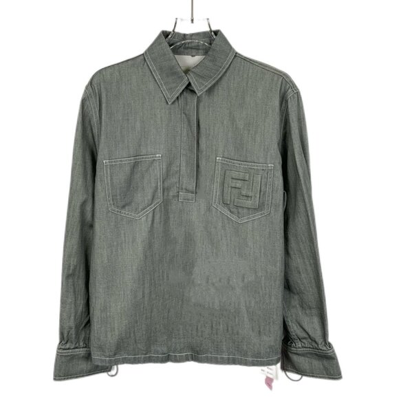 Fendi 2022 Dark Green Logo Embossed Cotton Collared Single-Breasted Long Sleeve